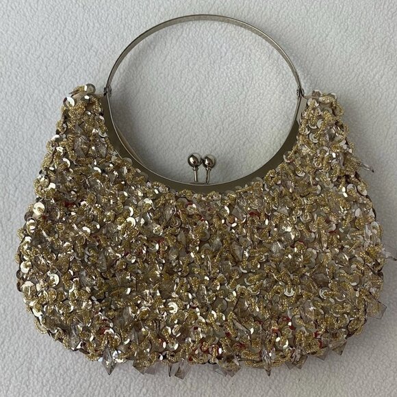 Prezzo Women's Gold Sequined Jeweled Cocktail Party Evening Purse Bag - Picture 1 of 9